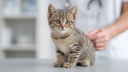 Adorable tabby kitten at veterinary clinic receiving care with a gentle hand and medical equipment in the background focused on pet health and wellness
