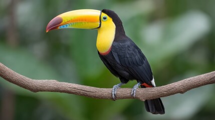 Obraz premium Vibrant toucan perched on a branch in lush greenery showcasing its striking beak and glossy feathers against a colorful background of nature.