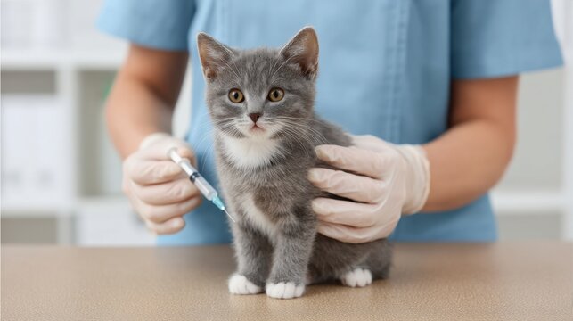 Cute gray kitten receiving vaccination from veterinarian in clinic, ensuring health and safety for pet animals under professional care and guidance - Powered by Adobe