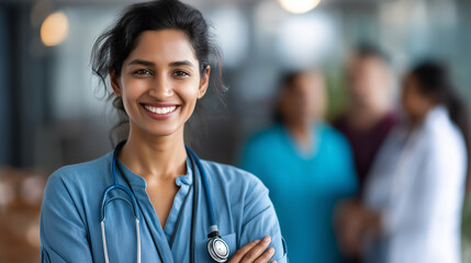 Empowered women in medicine, cheerful Indian female doctor, stethoscope holding symbolizing resilience, knowledge dedication to society, healthcare professional portrait, with copy