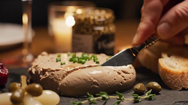 Person taking pate to spread on bread with a knife