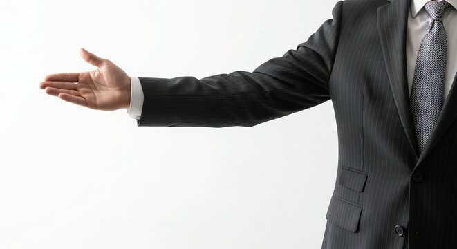 A businessman in a suit and tie gesturing with outstretched arm against a plain white background