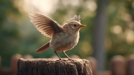Small bird spreading its wings on a wooden stump surrounded by a blurred natural background creating a serene and peaceful wildlife scene