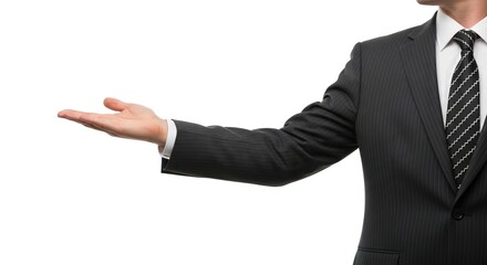 Man in suit holding hand out in presentation gesture