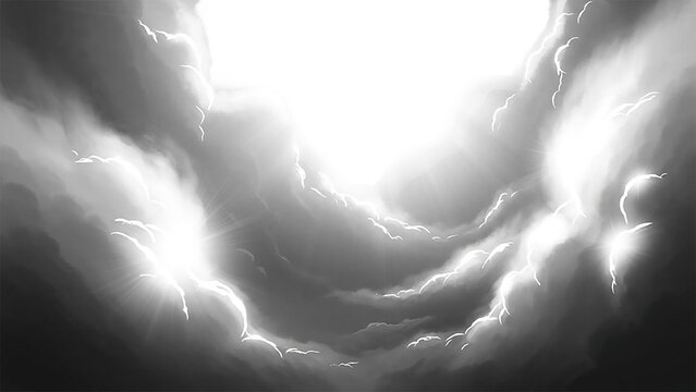 Dark, ominous clouds with bright lightning against black sky isolated on transparent background