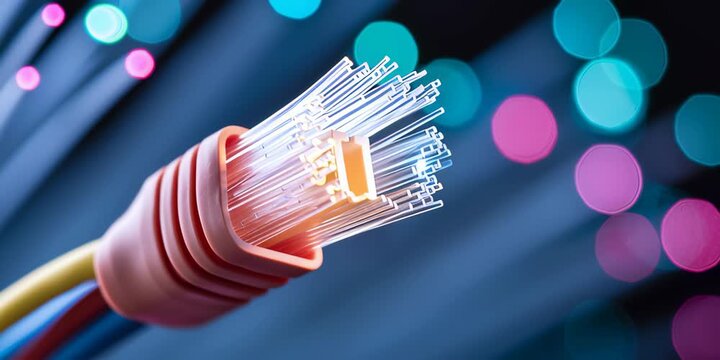 High speed fiber optic cable connector closeup glowing fiber internet connection data network fast communication colorful bokeh technology background