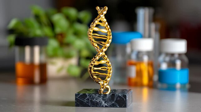 Gold dna helix sculpture trophy on marble base in modern laboratory research space high level planning science concept with innovation vision