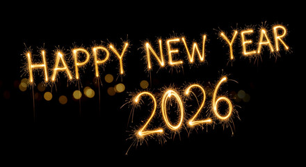 Sparkling inscription "Happy New Year 2026" against black background, creating a festive, bright and celebratory atmosphere, suitable for event theme