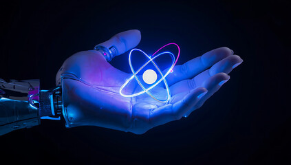 Robot hand presenting a glowing atomic structure with orbiting electrons in blue and pink neon light