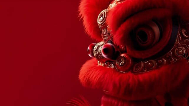 Vibrant Red Traditional Lion Mask with Intricate Decorative Patterns