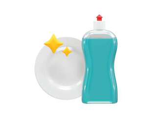 Dish Soap Bottle and Sparkling Clean Plate 3d rendering icon illustration