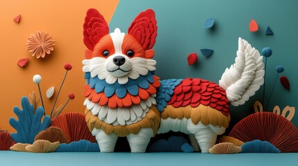 Colorful Felt Art Dog with Floral Background - Vibrant Handmade Textile Artwork of a Cute Canine