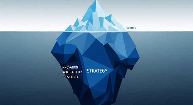 Geometric iceberg in blue tones, partially submerged, representing hidden elements like strategy, adaptability, innovation, and resilience in business