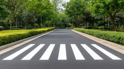 Obraz premium Serene urban landscape featuring a peaceful road with pedestrian crosswalk surrounded by lush greenery and trees in a vibrant park setting