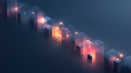 Stylized digital cubes emit soft cosmic light across a dark surface with a lone briefcase below. Abstract scene evokes themes of data navigation, virtual movement, and futuristic decision-making.