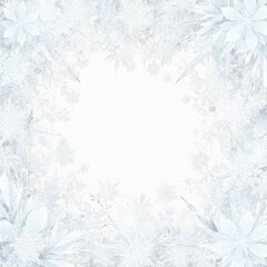  Winter card, delicate snowflakes arranged in a frame with an empty center space
