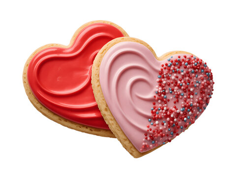 Two heart shaped cookies with pink and red frosting and sprinkles isolated on transparent background