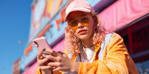 Young woman using smartphone in colorful urban setting on clear day