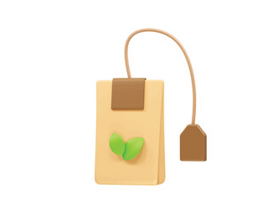 Teabag with Green Leaves icon 3d rendering illustration