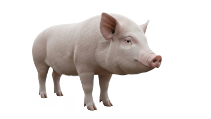 A pink pig standing on transparent background looking to the right