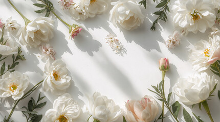 Beautiful floral frame with white flowers and natural sunlight for wedding invitation