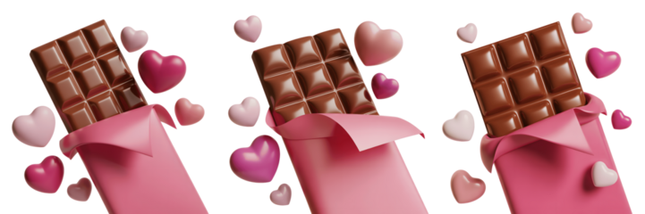 Three pink chocolate bars with hearts around them isolated on transparent background