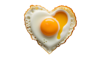 Heart shaped fried egg with runny yolk isolated on transparent background