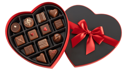 Chocolate assorted sweets in heart shaped box with red ribbon isolated on transparent background