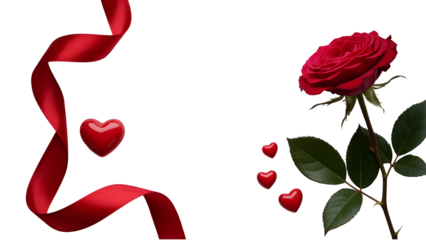 Red rose with hearts and ribbon on transparent background