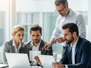 Dynamic, ultra high-resolution commercial stock photograph capturing three diverse, sharp-dressed business executives actively collaborating around a pristine white modern office desk. Two professiona