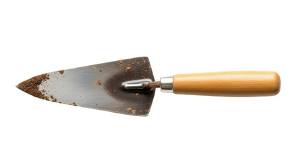 A dirty trowel with a wooden handle isolated on transparent background