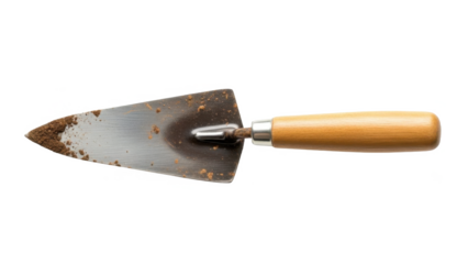 A dirty trowel with a wooden handle isolated on transparent background