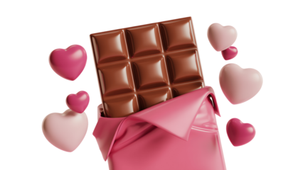 Chocolate bar with pink wrapper and hearts around it isolated on transparent background