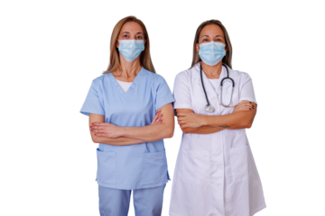 Healthcare professionals posing with face masks and arms crossed, nurse and doctor standing together on transparent background