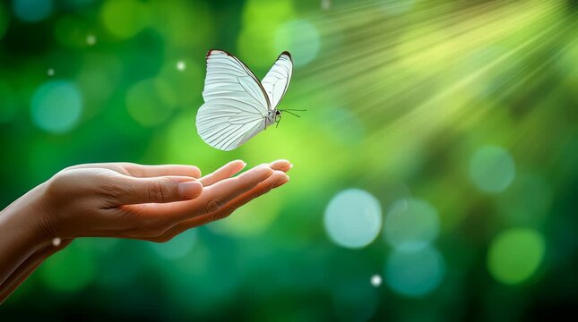 Hand butterfly hope freedom nature green light gentle release peaceful moment planning trust focus serene resting soft symbol of freedom
