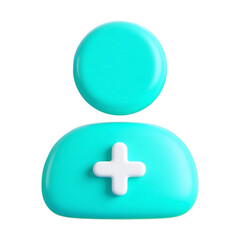 Fototapeta premium A vibrant teal 3d rendered user profile icon with a white plus sign on transparent background