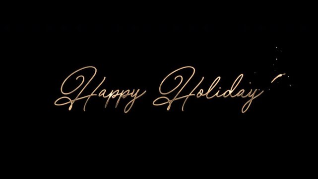 Lettering happy holiday in gold cursive font. Festive design for holiday greeting cards, party invitations, social media posts, and festive decorations.