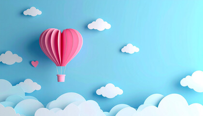 Fototapeta premium Paper Cut Heart Hot Air Balloon Floating in Blue Sky