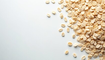 Rolled oats scattered on a white surface. Healthy whole grain cereal for breakfast. Natural food ingredient for cooking. Organic grain flakes for baking. Fiber rich breakfast food.