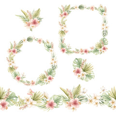 Monstera Palm Leaves Hibiscus Plumeria Flowers wreath frame seamless border set. Tropical Exotic plant Watercolor hand painted summer pastel neutral isolated illustration on white background kids baby
