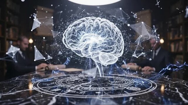 Futuristic Brain Hologram with Network Connections in a Library Setting