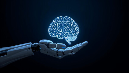 Robotic hand holding a glowing digital brain with circuit patterns robot hand artificial intelligence
