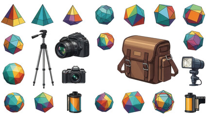 Colorful 3d geometric shapes and photography equipment isolated on transparent background