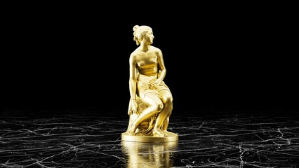Golden Classical [Reclining / Seated] Statue on Black Marble Floor - Luxury 3D Illustration