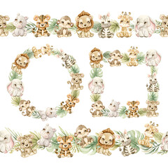 Cute Animals Plants Wreath Frame Seamless Border Set. Tropical Exotic leaves Watercolor hand painted summer pastel neutral isolated illustration on white background for nursery kids baby safari design