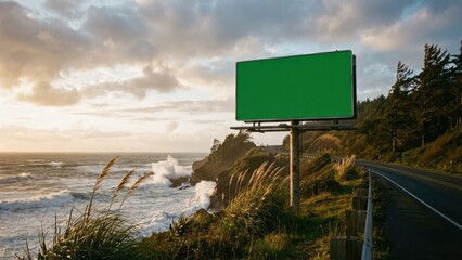 Blank Green Coastal Billboard Over Sunset Cliff Edge.