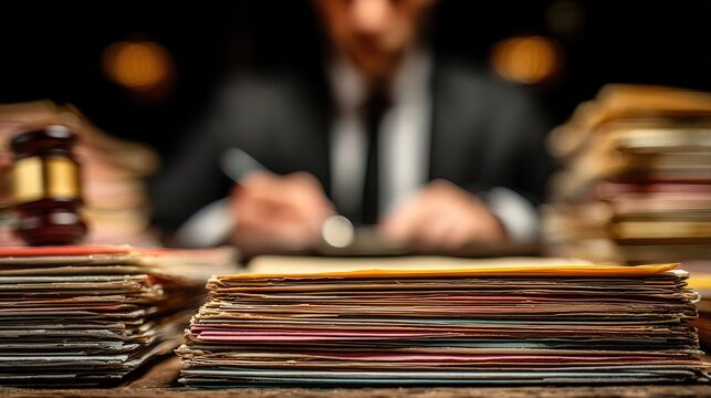 Focused Attorney Detailed Desk Scene with Documents and Gavel