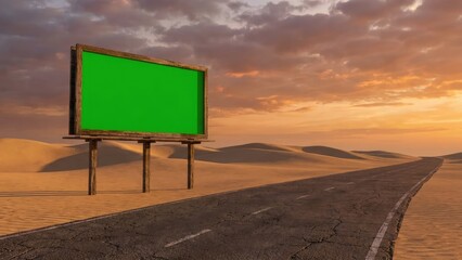 Desert Road Sunset Scene with Green Billboard on Dunes.