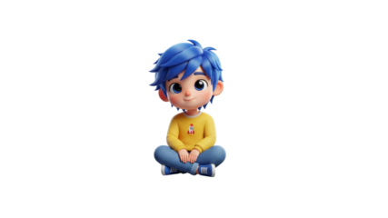 Cute cartoon boy with blue hair sitting cross-legged