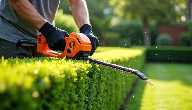 Gardener shapes green hedge with electric trimmer. Man trims shrubbery in sunny backyard lawn. Person cuts bush with power tool, green leaves fly. - Powered by Adobe